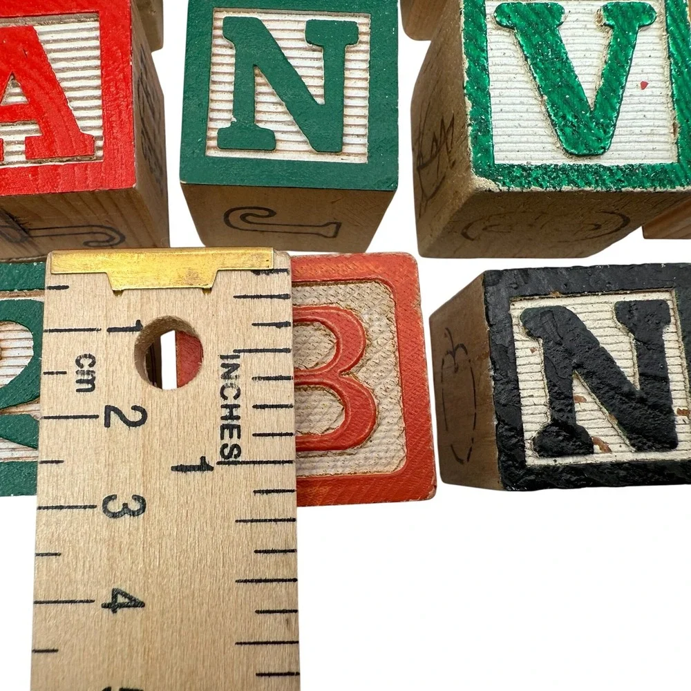 Vintage Wooden Alphabet Blocks Set Carved Letters‎ Numbers Animals 1.2